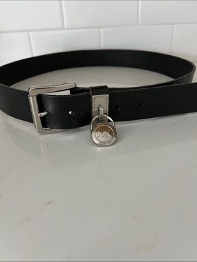 Michael Kors Black Leather Belt with Silver MK Charm